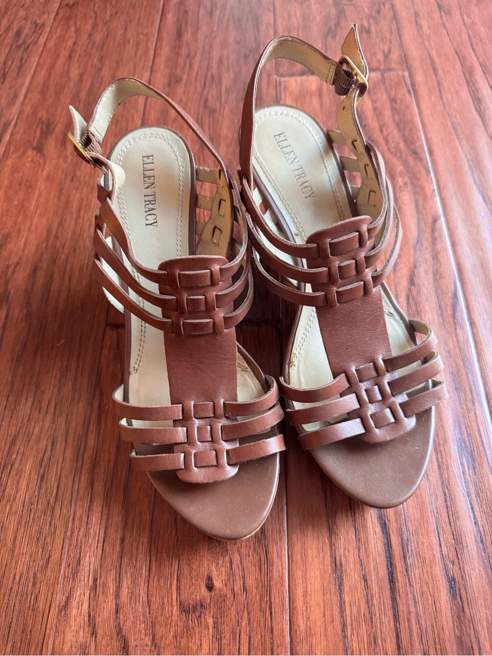 Ellen Tracy Brown Leather Strappy Slingback Cork Wedge Sandals 9 1/2 Boho Chic